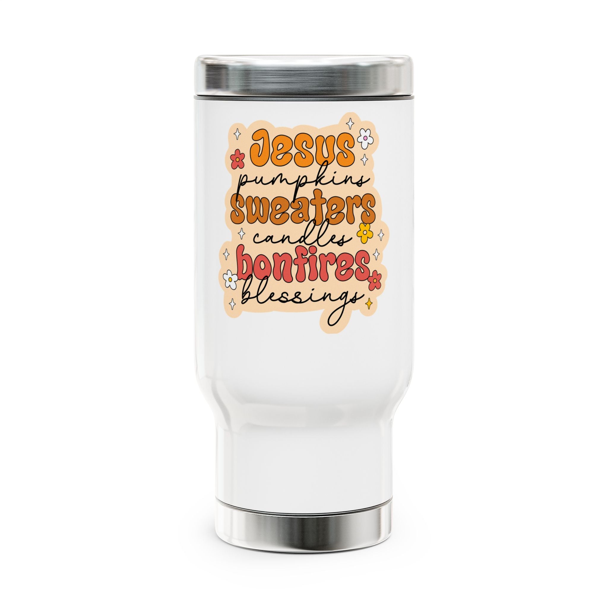 Fall-Themed Travel Mug, Pumpkin Spice Mug, Thanksgiving Travel Mug, Coffee Mug with Handle, Jesus Pumpkin Blessings Mug